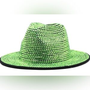 NWT MOMOJIA Green Rhinestone Large Brim Fedora. 57 CM. Perfect for parties.